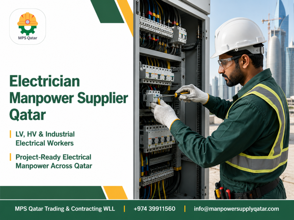 Electrician manpower supplier in Qatar – MPS Qatar technician working on an electrical panel
