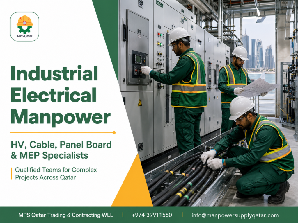 Electrician manpower supplier in Qatar team working on industrial switchgear and cable installation