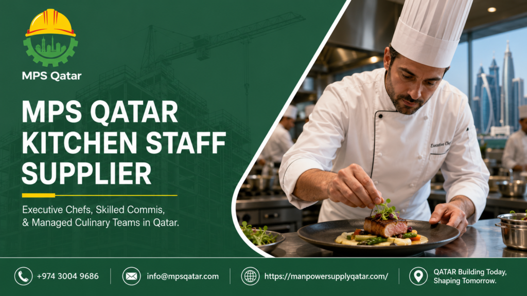 Professional male executive chef plating a gourmet dish in a luxury commercial kitchen managed by MPS Qatar kitchen staff supplier in Qatar