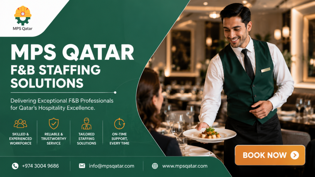 Realistic corporate hospitality advertisement poster for MPS Qatar focusing on F&B staffing solutions, featuring a professional male waiter in a green uniform vest serving food inside a luxury restaurant with a gold Book Now button.