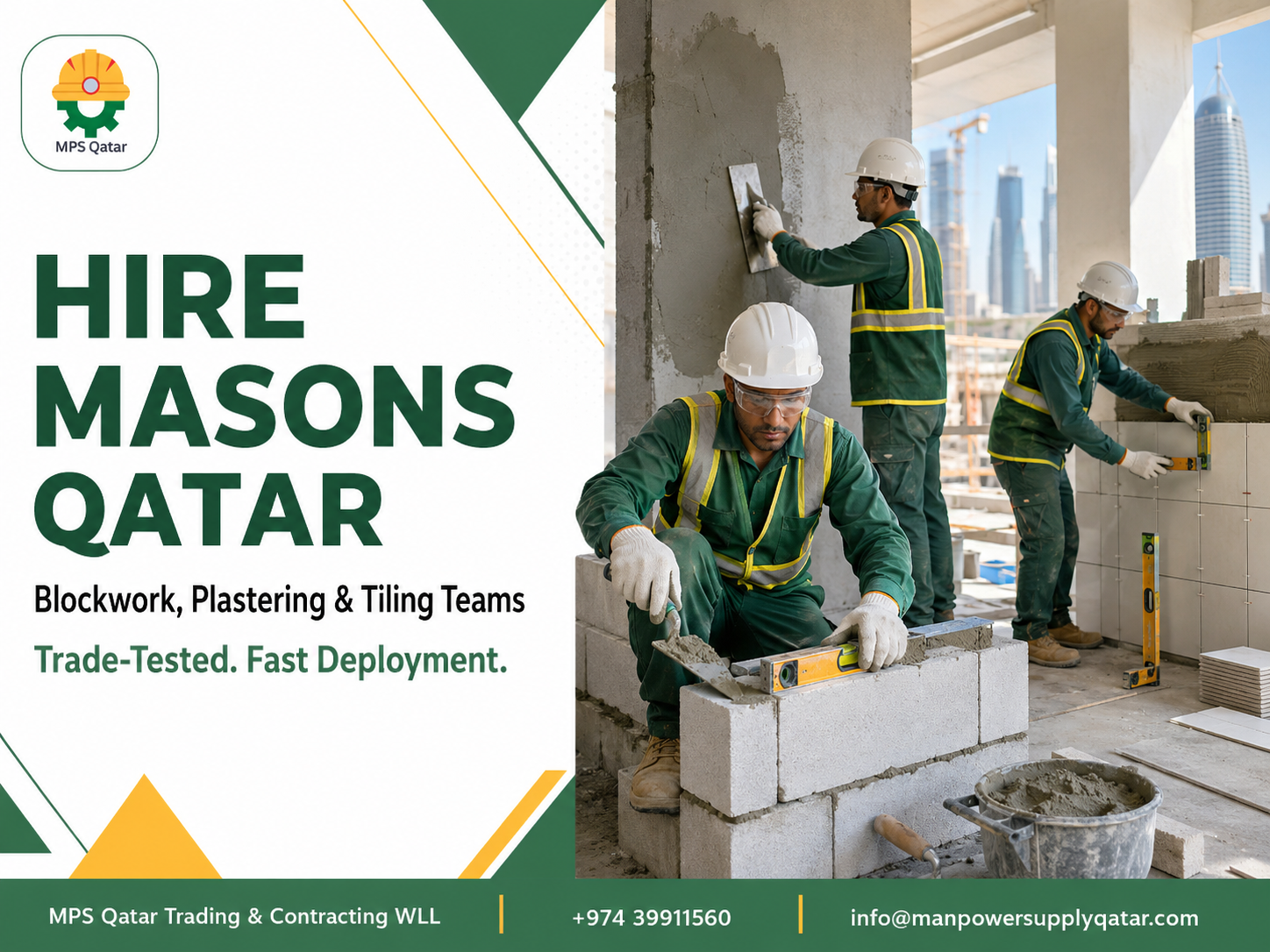 Hire Masons Qatar with MPS Qatar for blockwork, plastering and tiling teams