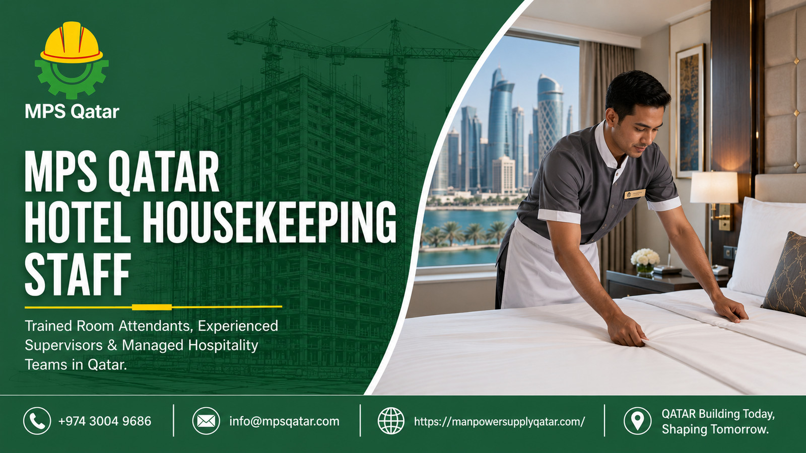 Professional male room attendant arranging crisp white linens in a Doha luxury five star suite supplied by MPS Qatar hotel housekeeping staff Qatar