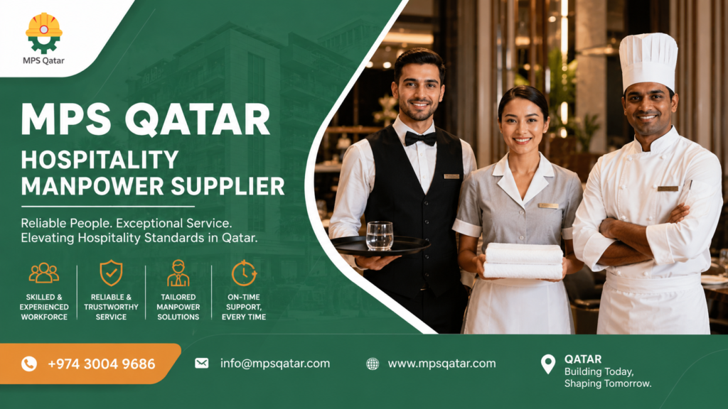 Realistic corporate business poster for MPS Qatar showing a professional waiter, hotel housekeeper, and a chef in white uniform standing confidently with brand green and orange colors, representing premium hospitality manpower supplier services in Qatar.