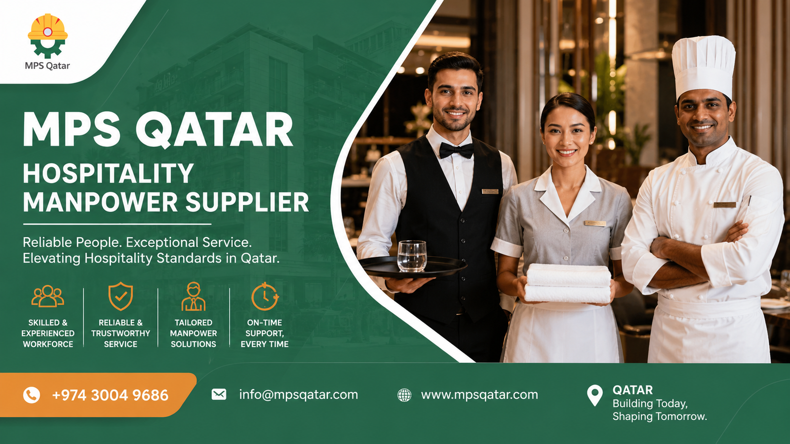 Realistic corporate business poster for MPS Qatar showing a professional waiter, hotel housekeeper, and a chef in white uniform standing confidently with brand green and orange colors, representing premium hospitality manpower supplier services in Qatar.