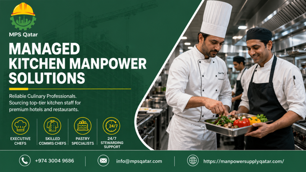 Professional male sous chef and commis chef preparing fresh ingredients inside a commercial kitchen supplied by MPS Qatar kitchen staff supplier in Qatar