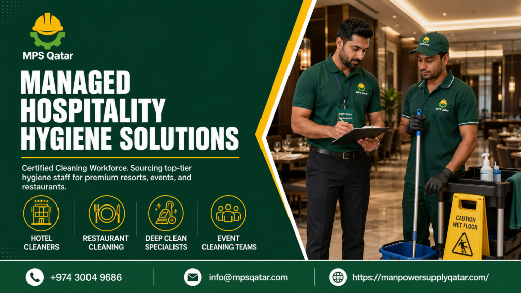 Professional male hygiene supervisor checking checklist with cleaner using premium service solutions under a top cleaning staff supplier in Qatar hospitality