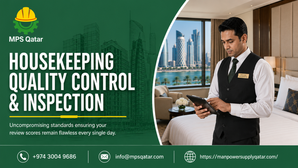Professional male hotel housekeeping supervisor Qatar checking cleanliness standards with a digital tablet in a luxury five star hotel suite managed by MPS Qatar