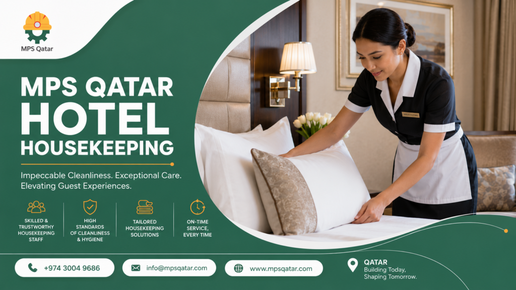 Realistic corporate B2B poster for MPS Qatar hotel housekeeping services, featuring a professional female room attendant in a clean uniform arranging pillows on a bed in a luxury five-star hotel room with green brand colors.