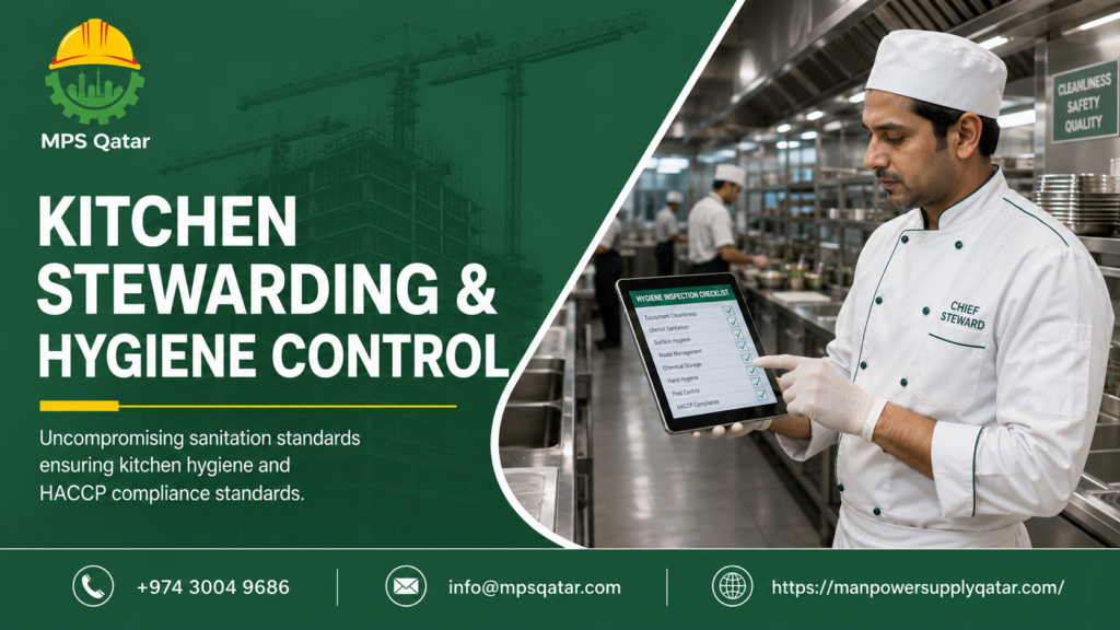 Professional male chief steward conducting a digital hygiene inspection in a commercial kitchen provided by MPS Qatar kitchen staff supplier in Qatar