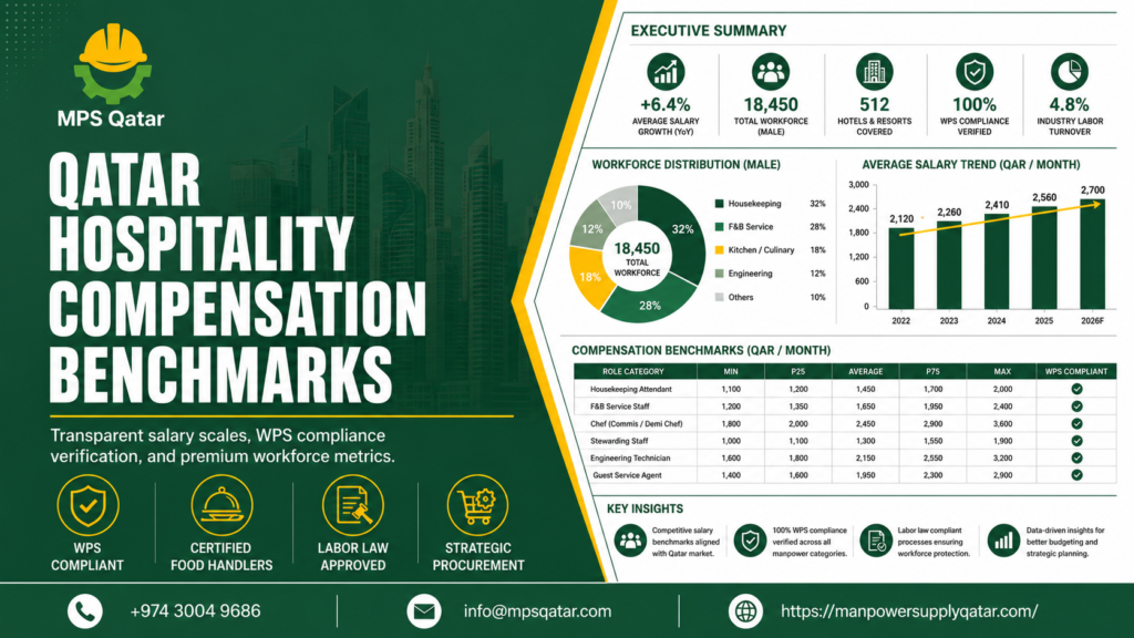 B2B market data analytics infographic dashboard showing hospitality salary trends and compensation statistics from a licensed hotel manpower supply company