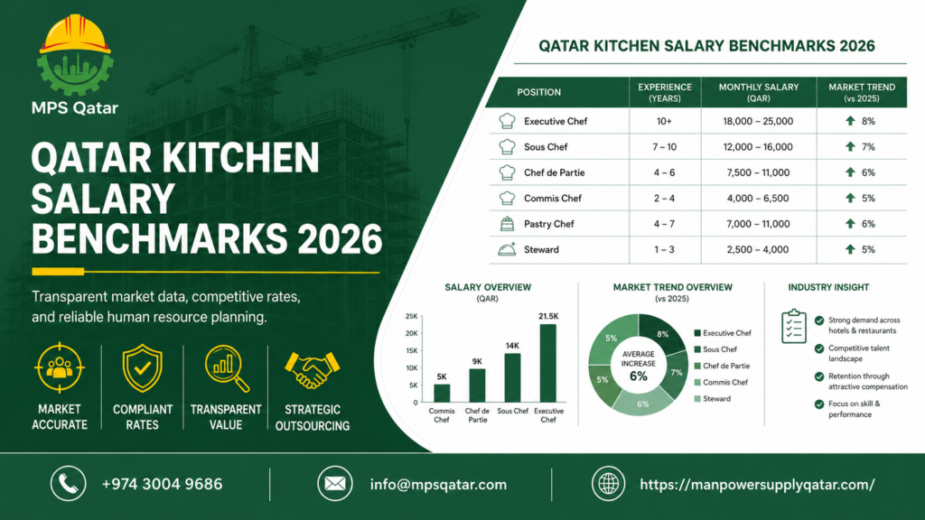 B2B market data report displaying Qatar kitchen salary benchmarks 2026 for chefs and stewards by MPS Qatar kitchen staff supplier in Qatar