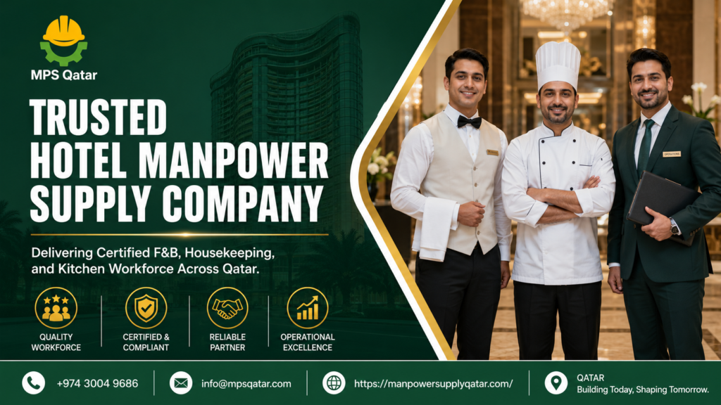 Professional male waiter, certified chef, and hotel operations manager standing in a luxury resort lobby managed by a leading hotel manpower supply company