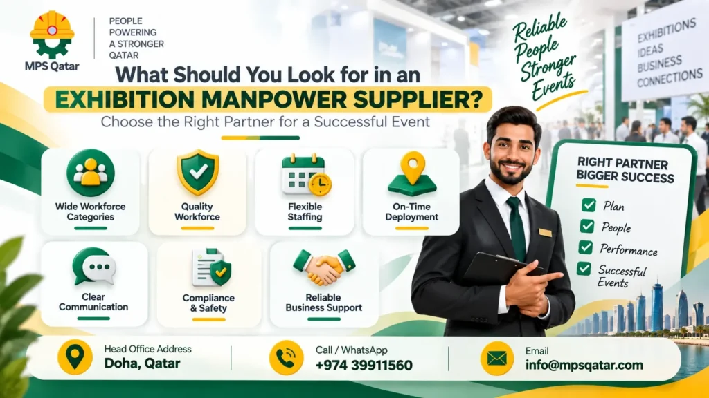 Exhibition manpower supplier in Qatar selection guide showing workforce quality, flexible staffing, on-time deployment, clear communication, compliance, safety, and reliable business support for companies planning successful exhibitions and events with professional manpower services.